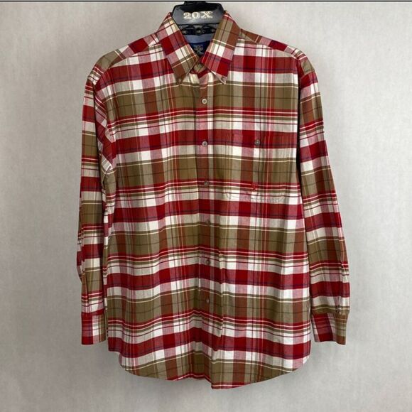 Wrangler Twenty X 20X Button Down Shirt Mens Sz M Long Sleeve Plaid Red Tan West - Picture 12 of 12